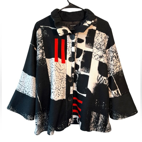 Damee Abstract Collage Ribbed Jacket Peacoat Black White Red Womens Size Large - Picture 1 of 9